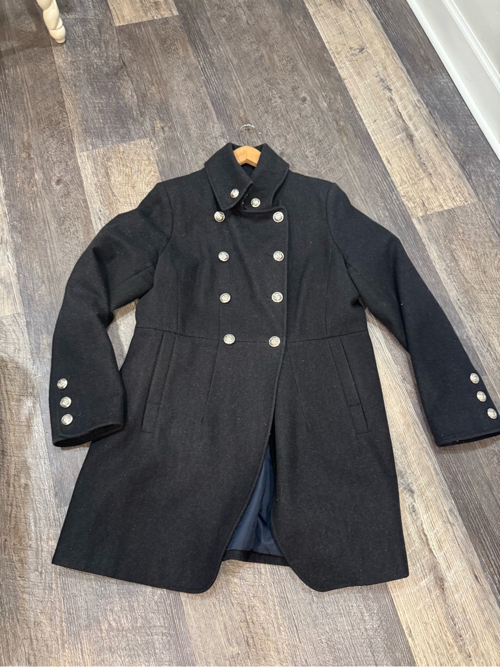 Worthington Black Double-Breasted Trench Coat with Silver Buttons